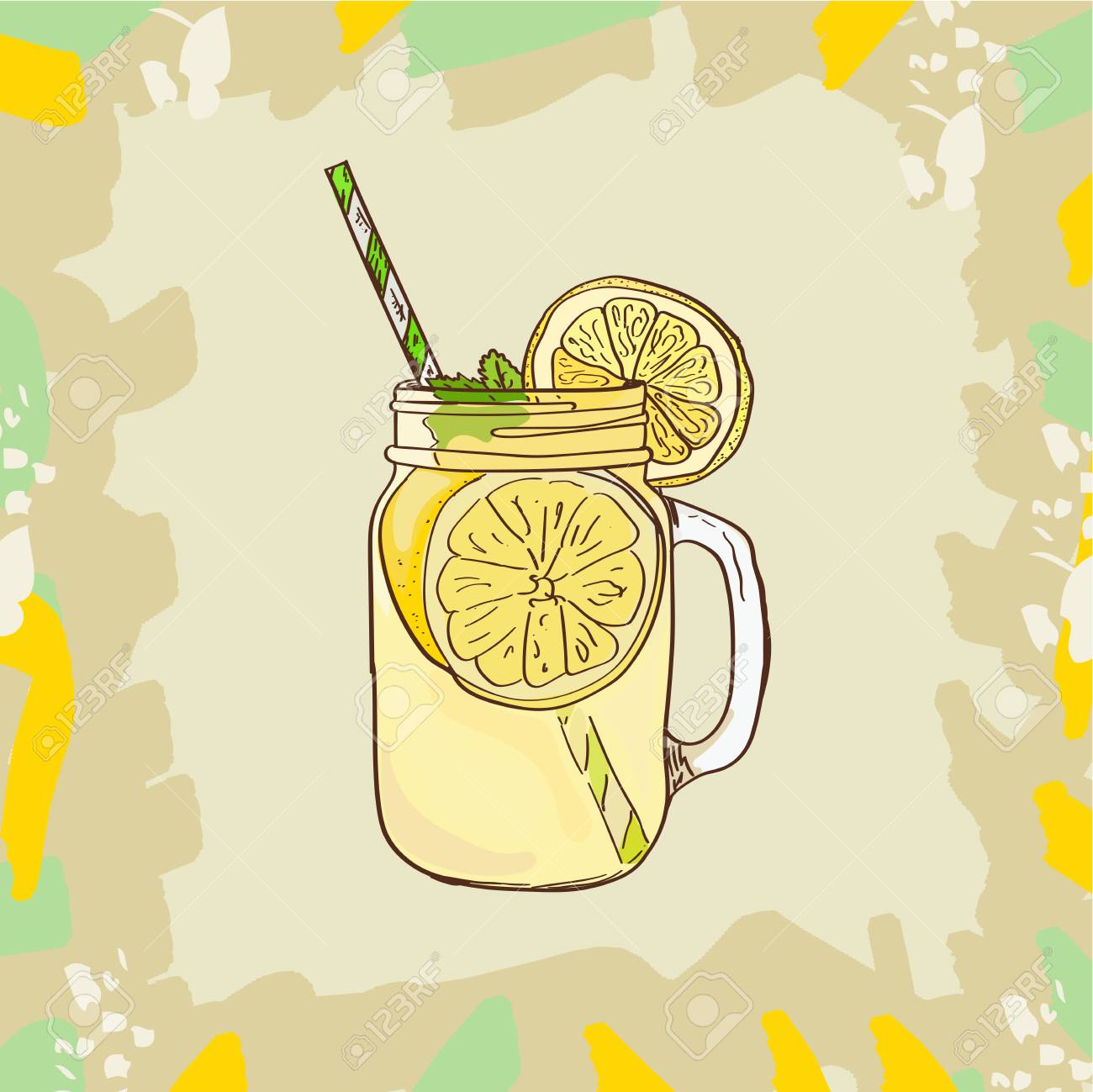 Lemonade in mason jar mug with drinking straw and lemon wedge.