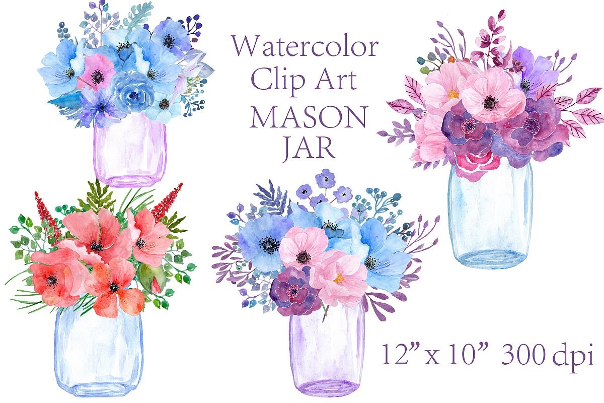 Watercolor floral Mason Jars clipart.