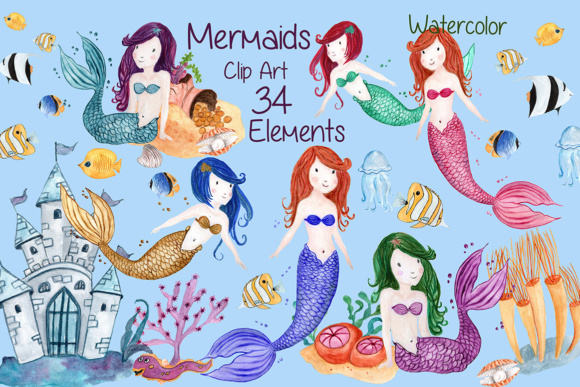 Watercolor Mermaids clip art.