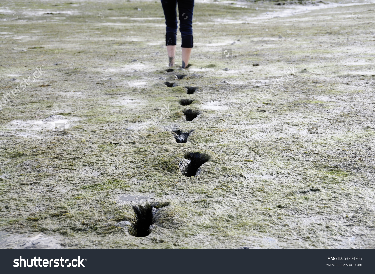 Girl Walking Barefoot Trough Mudflat Brittany Stock Photo 63304705.