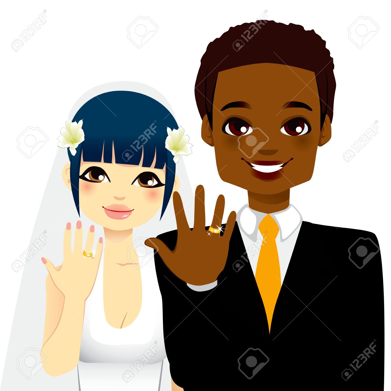 Newlywed Multi Ethnic Couple Showing Their Gold Wedding Rings.