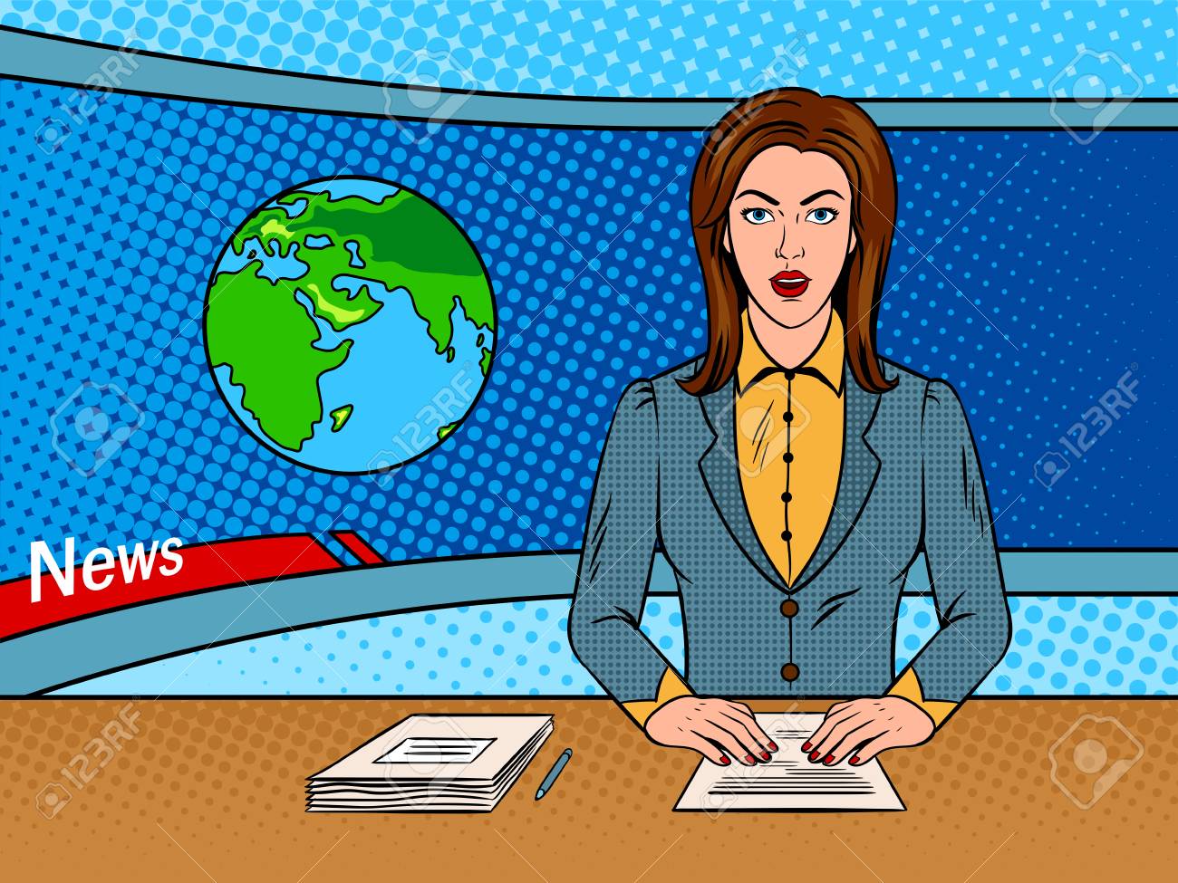 Newsreader reads news on TV pop art vector.