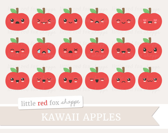 Kawaii Apple Clipart, Fruit Clip Art Faces Happy Summer Food.