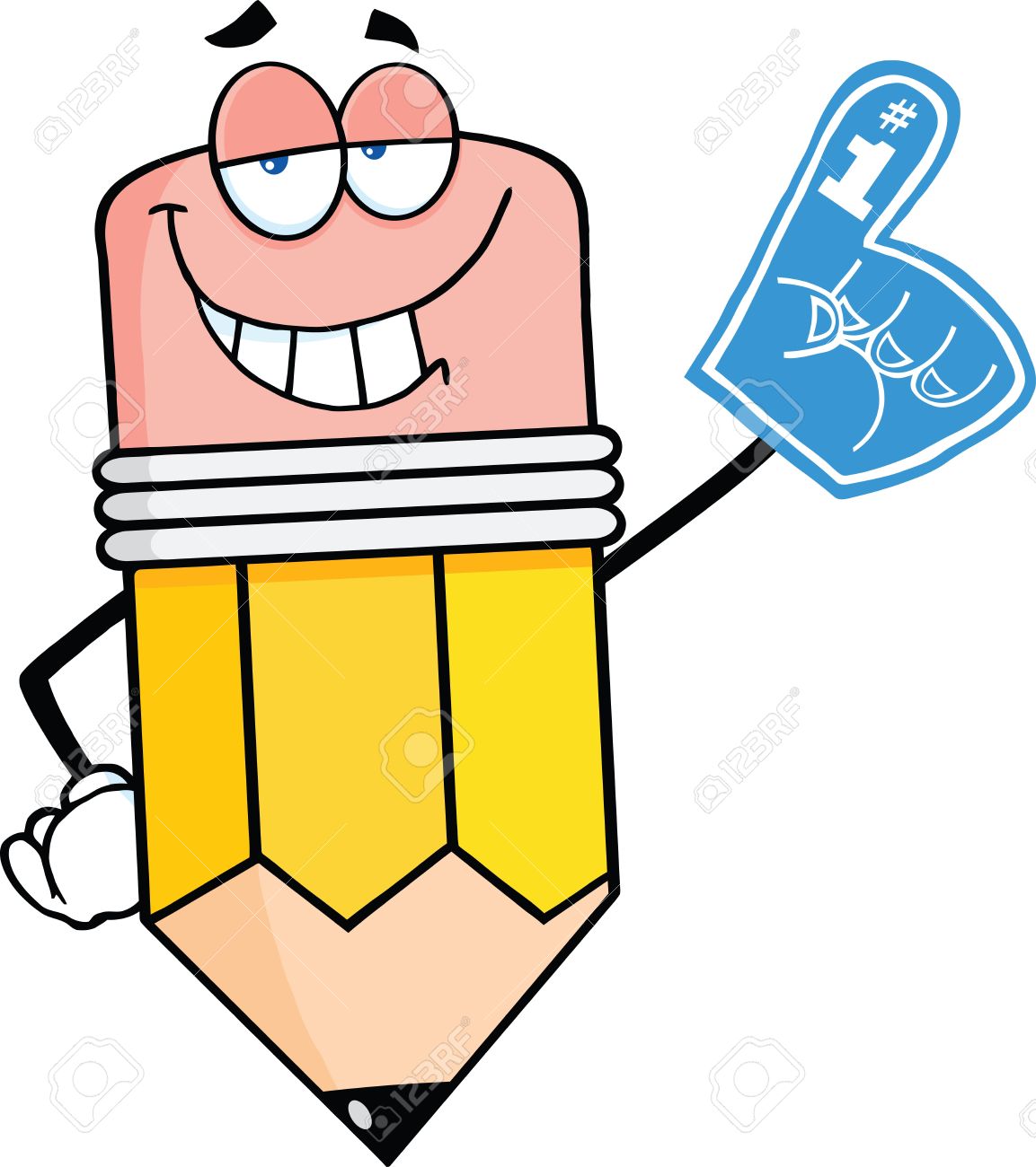 Smiling Pencil Cartoon Character With Foam Finger Royalty Free.