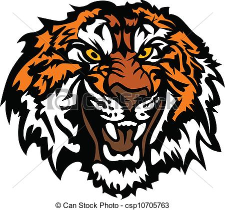 Clip Art Vector of Tiger Head Snarling Graphic Mascot.