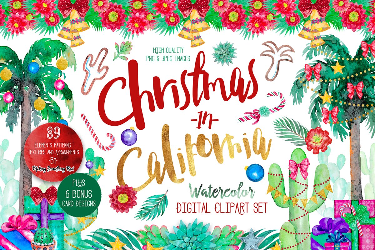 Christmas in California clipart set ~ Illustrations.