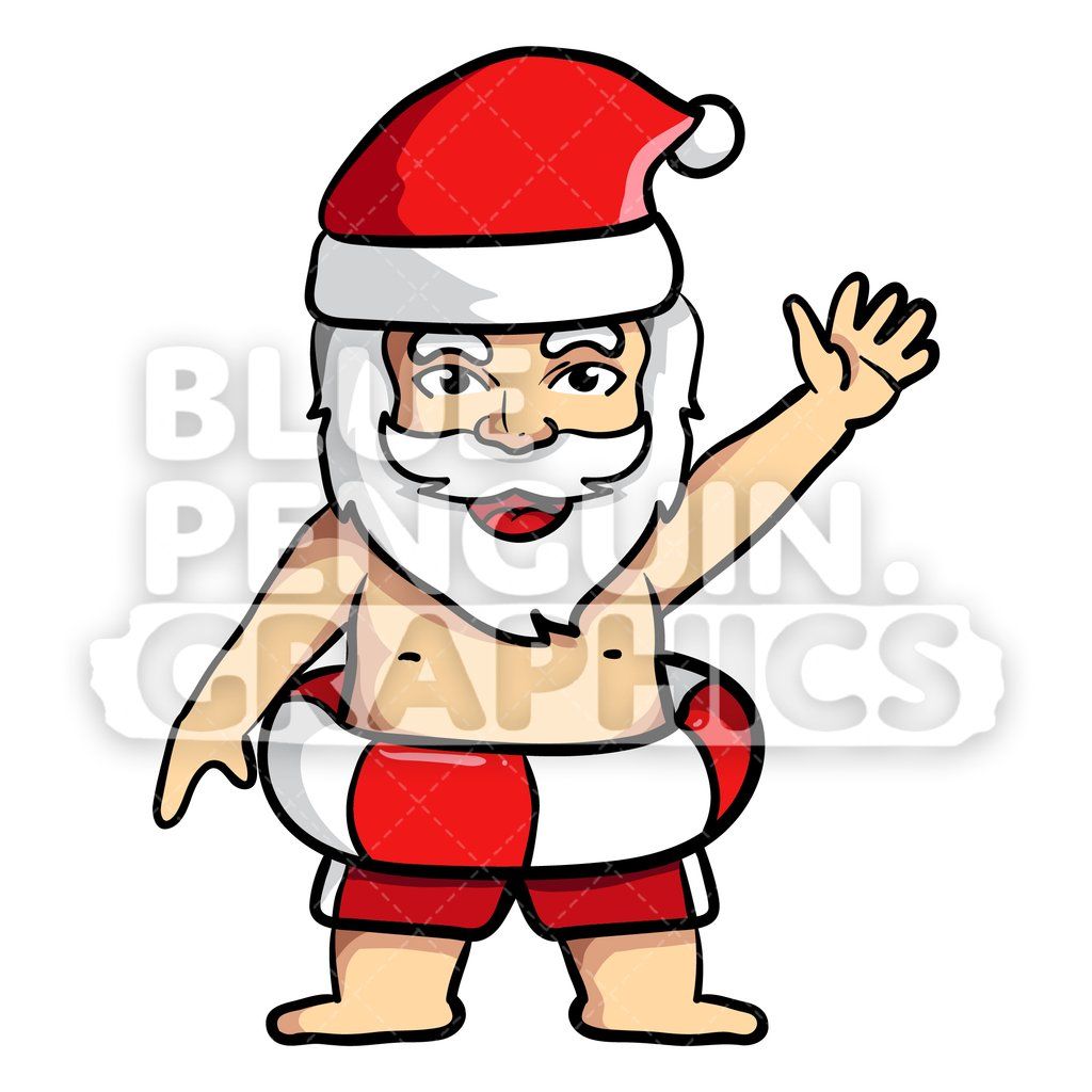 Summer Santa Saying Hello Vector Cartoon Clipart.