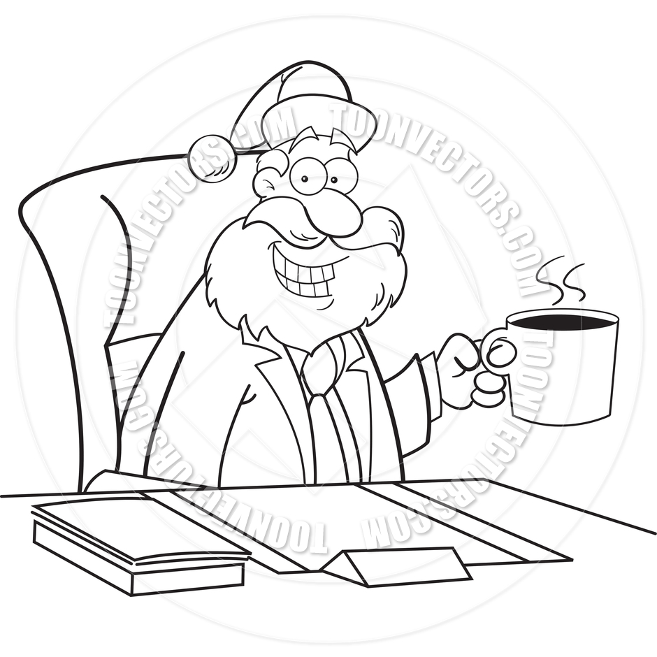 Cartoon Santa Claus Drinking Coffee (Black and White Line Art) by.