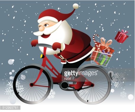 Santa Claus riding a bike Clipart Image.