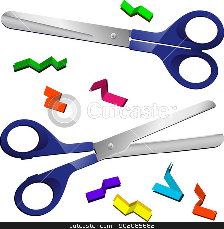 Two Scissors with cut paper pieces stock vector.