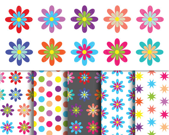 Digital Flower Clipart, Spring Flowers Clipart, Colorful.