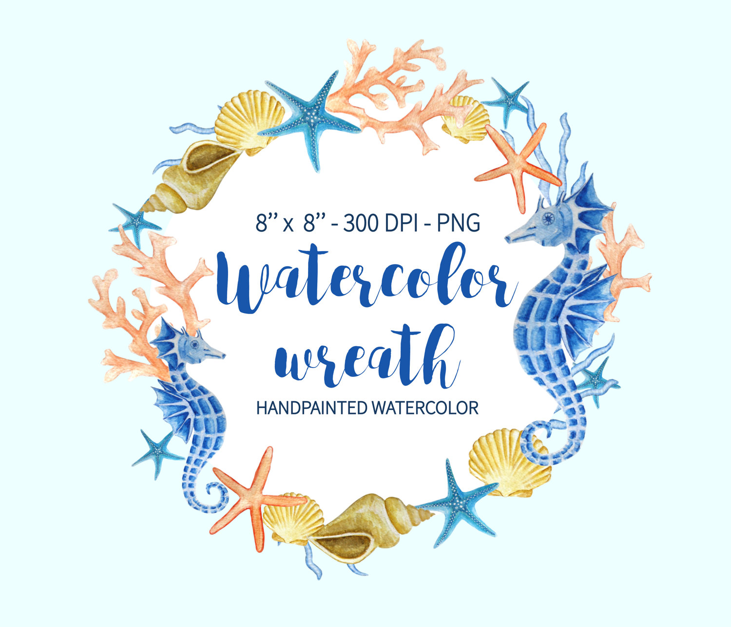 Watercolor Wreath Clipart, Sea Clipart, Ocean Wreath, Seahorse.