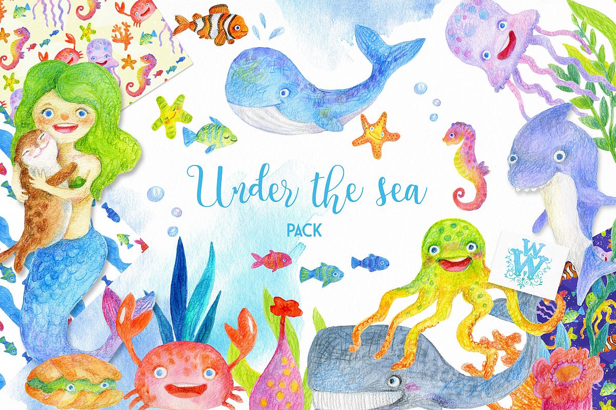 Watercolor Sea creatures clipart, ocean animal clip art.