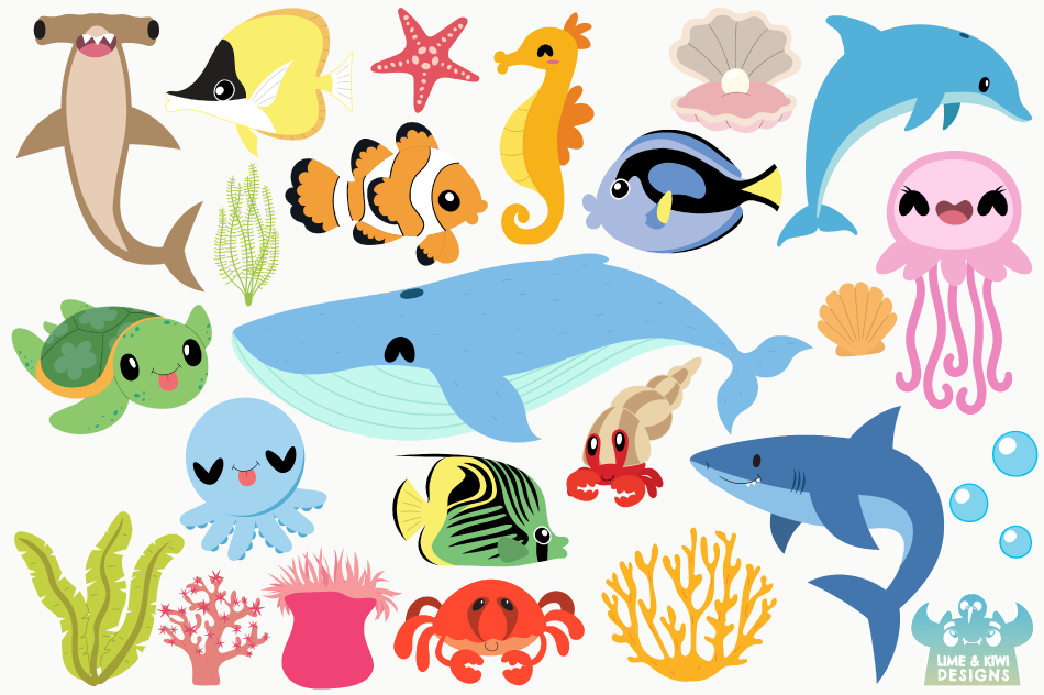 Sea Life Clipart, Instant Download Vector Art By Lime and.