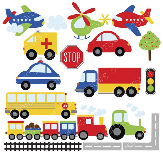 Trains, Planes and Trucks Clipart, Transportation, primary.