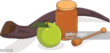 Honey Jar Apple and Shofar for Yom Kippur stock vectors.