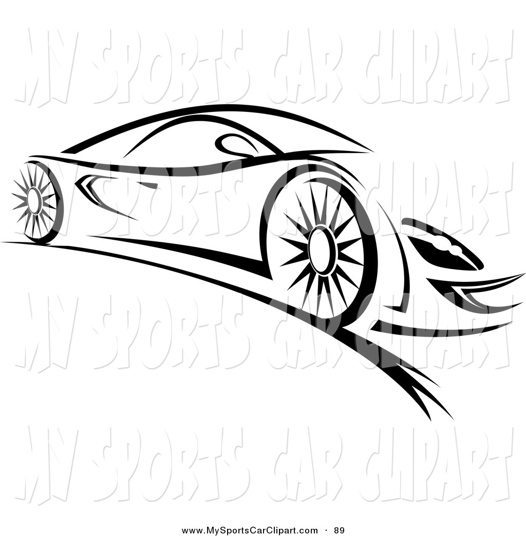 Clip Art of a Sleek Black and White Sports Car by Vector Tradition.