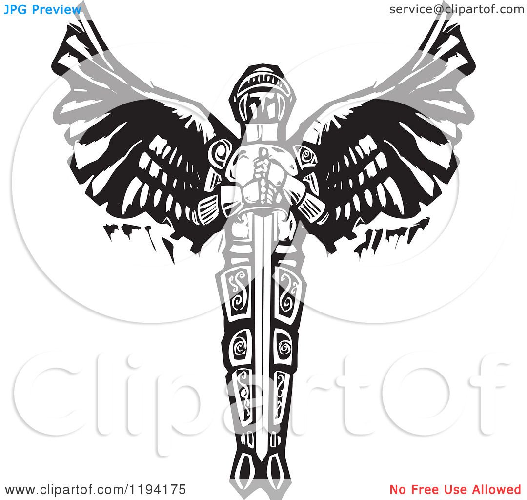 Clipart of a Saint Michael the Archangel with a Sword Black.