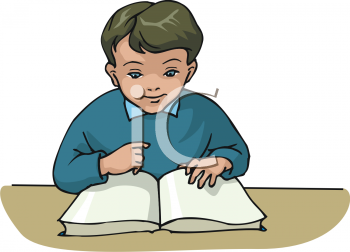 Clipart of a Boy Reading Through a Book at a School Desk.