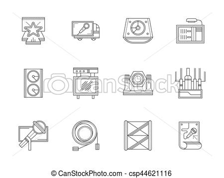 Vector Clip Art of Stage equipment flat line vector icons set.