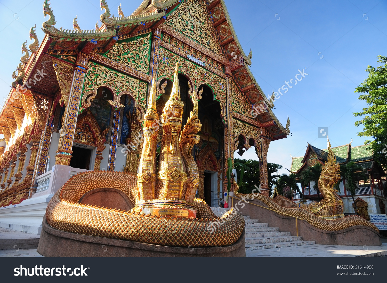 Golden Naga Stair In Wat Mahawan, Lamphun, Thailand. Stock Photo.