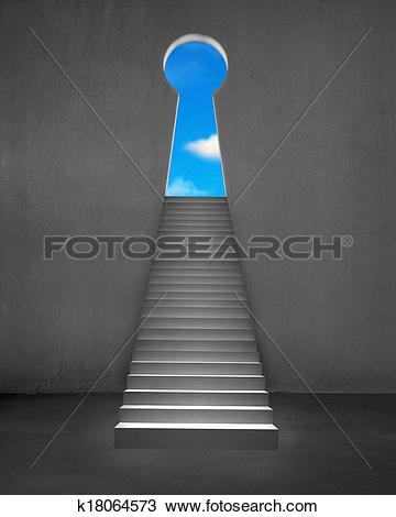 Drawing of Key shape door on wall with stairs and blue sky.