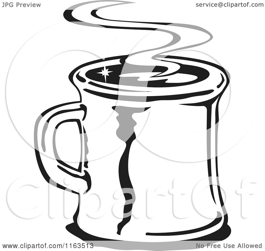 Clipart of a Retro Black and White Steamy Mug of Coffee.