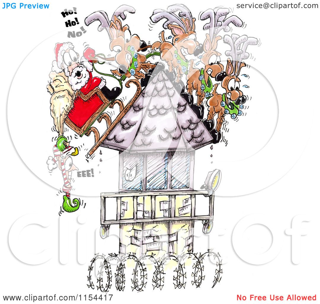 Clipart of an Elf Hanging off of Santas Sleigh on a Steep Prison.