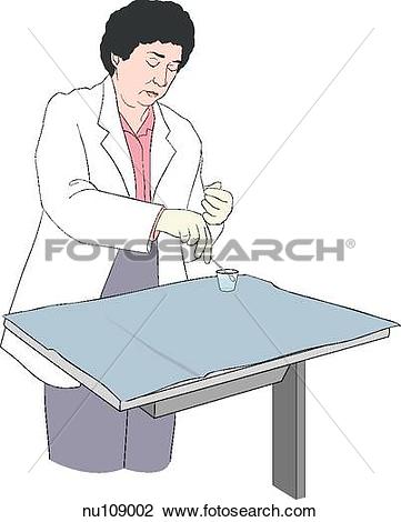 Clip Art of On sterile field, nurse wearing gloves dips applicator.