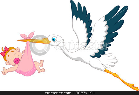 Cartoon Stork with baby girl stock vector.