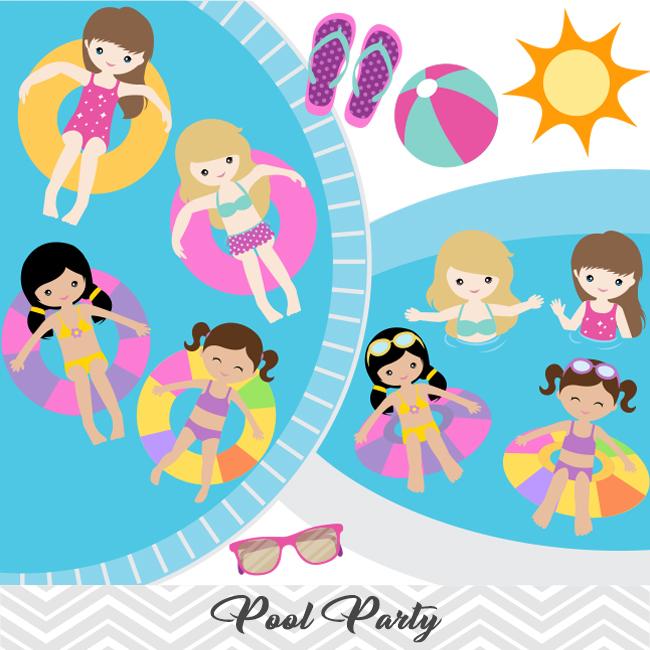 Girls Pool Party Clip Art, Girls Swim Party Clipart, Summer Pool Party  Clipart, 00197.