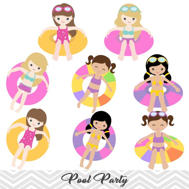 Girls Pool Party Clip Art, Girls Swim Party Clipart, Summer Pool Party  Clipart, 00197.