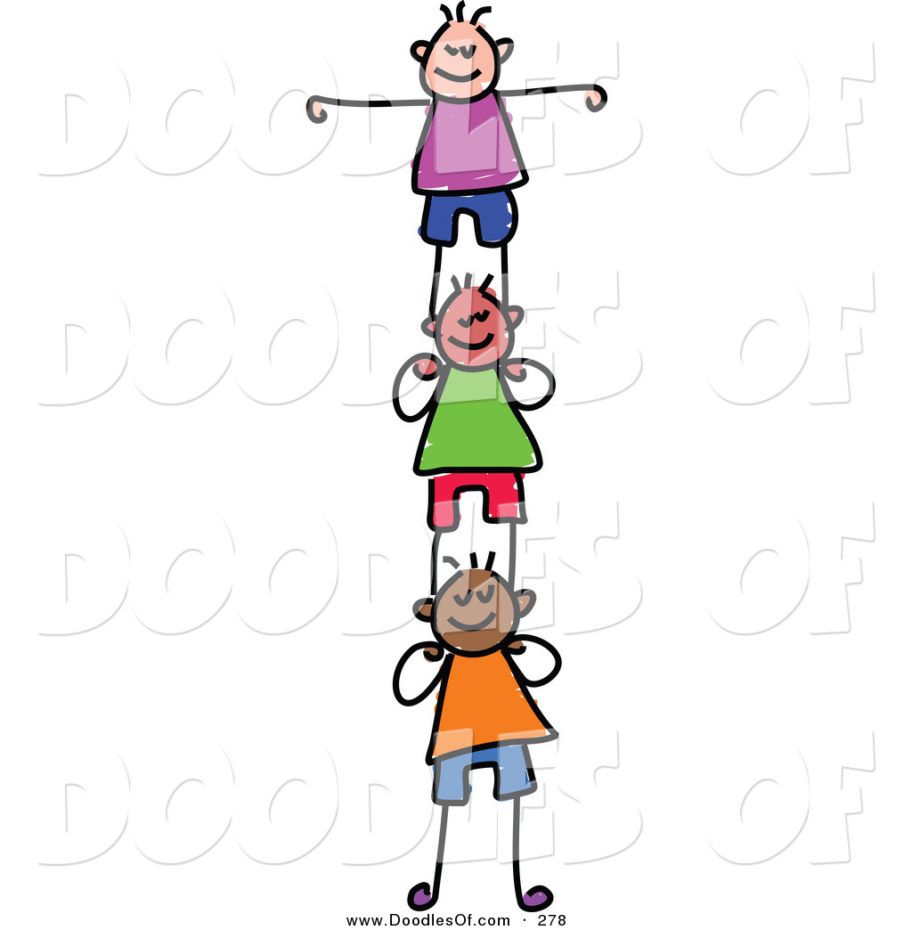 Vector Clipart of a Childs Sketch of Happy Girls Supporting.