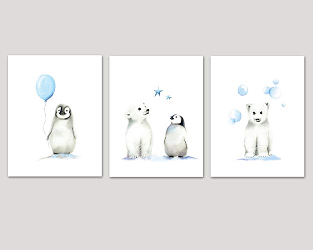 Penguin and Polar Bear Nursery Art, Set of 3 Arctic Animals, Balloon and  Stars, Various Sizes Available, UNFRAMED PRINTS.