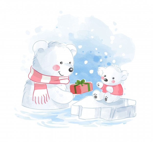 Polar bear family with present illustration Vector.