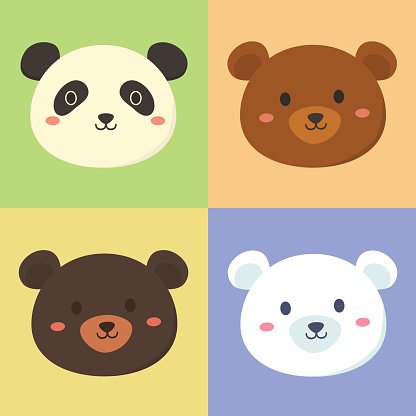 Set of Cute Panda Grizly Black Polar Bear Head Clipart Image.