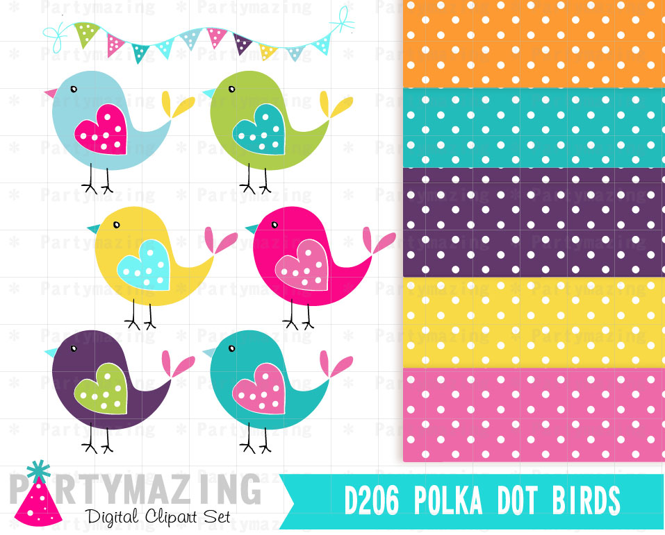 D206 Polka dot Bird Clip Art , Fun Colors Birds Clip Art Set and.