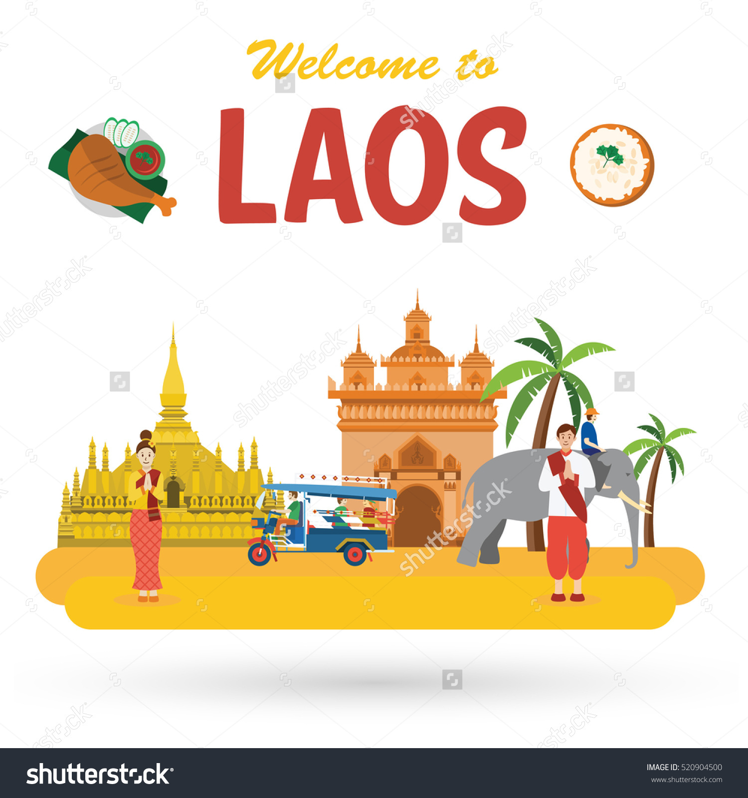 Laos travel landmarks. Flat design style. Illustration of Wat Phra.