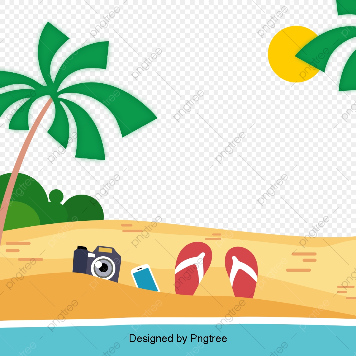 Cartoon Hand Painted Beach Design, Travel, Palm Tree, Beach.