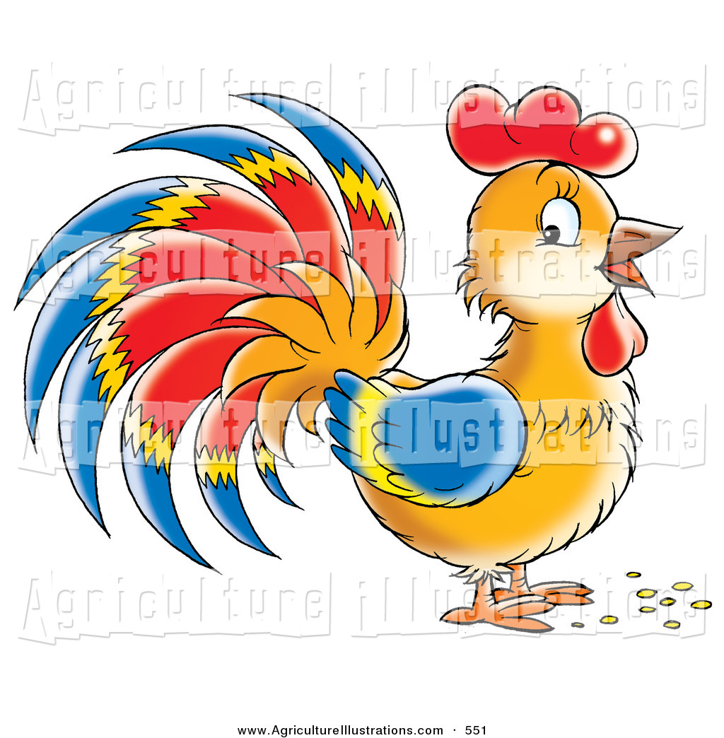 Agriculture Clipart of a Happy Brown Rooster with Blue, Red and.