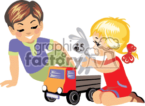 Two Small Children Happy Playing with Toys clipart. Royalty.