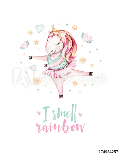 Isolated cute watercolor unicorn clipart. Nursery unicorns.