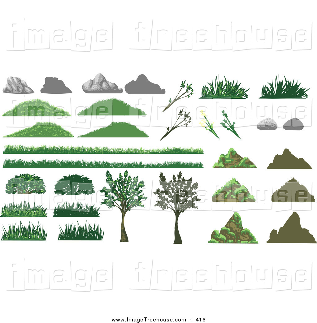 Clipart of a Array of Different Styled Boulders, Rocks, Grass.