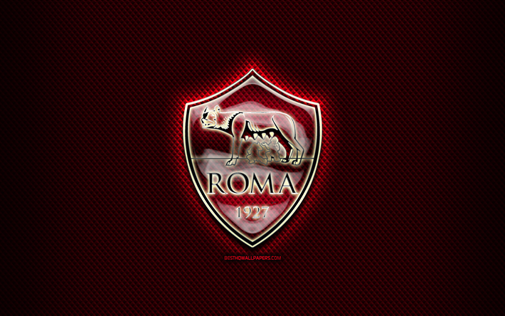 Download wallpapers Roma FC, glass logo, purple rhombic.