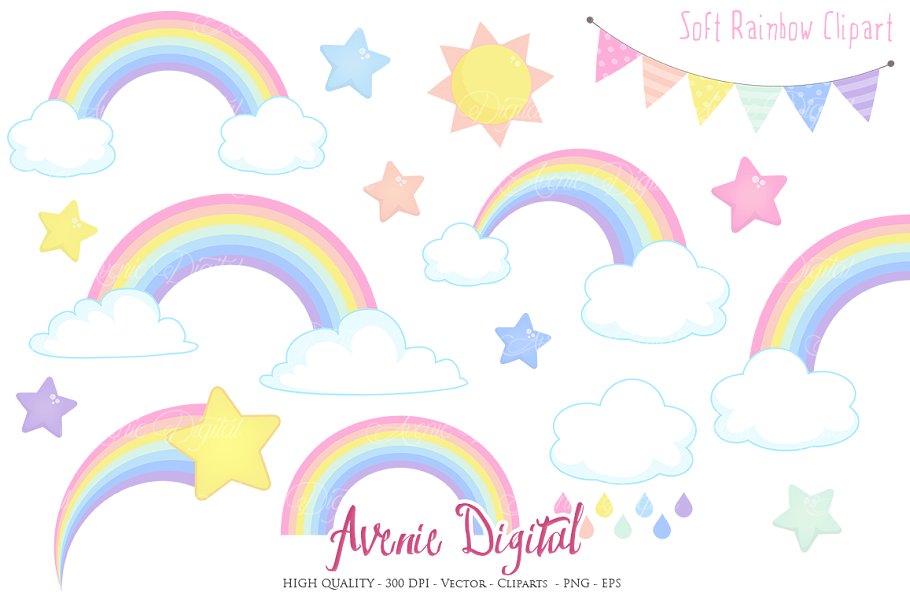 Pastel Rainbow Clipart + Vector.