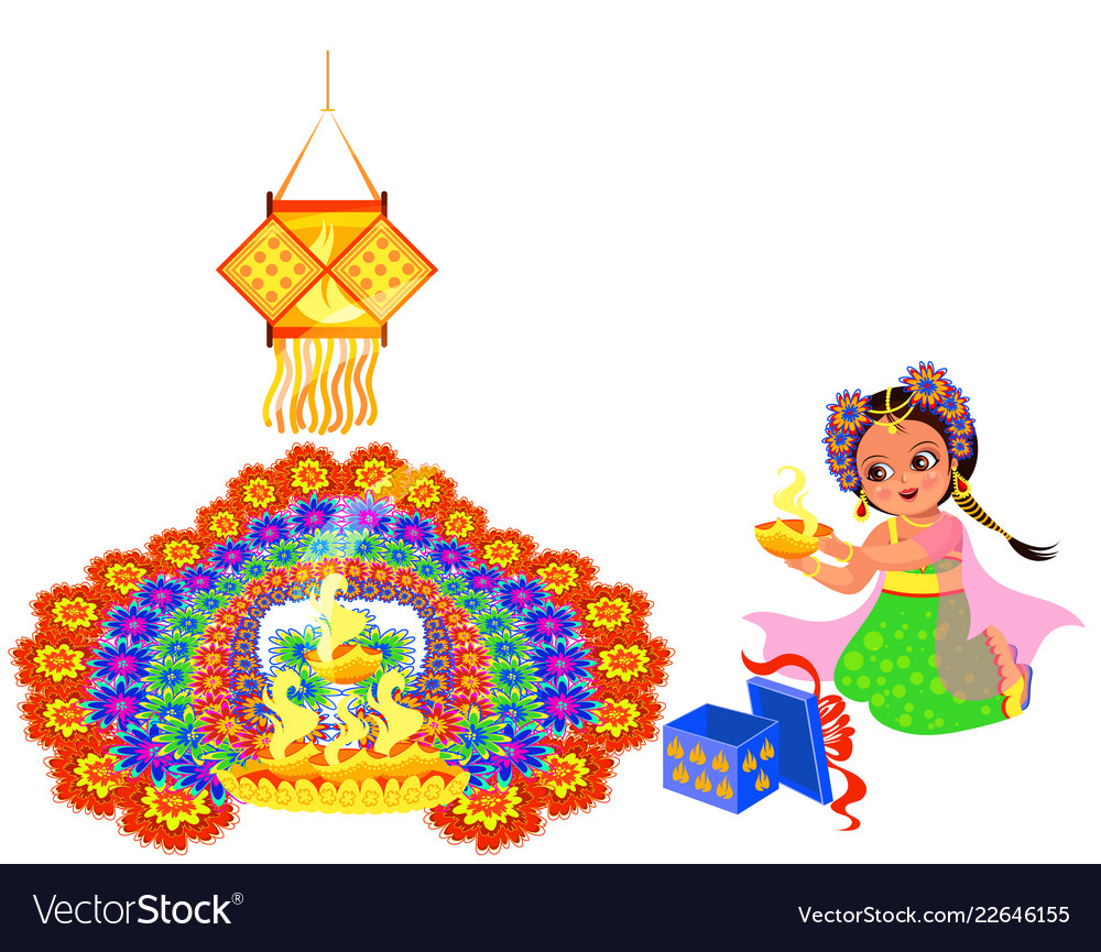 Diwali holiday with girl putting flame to rangoli.