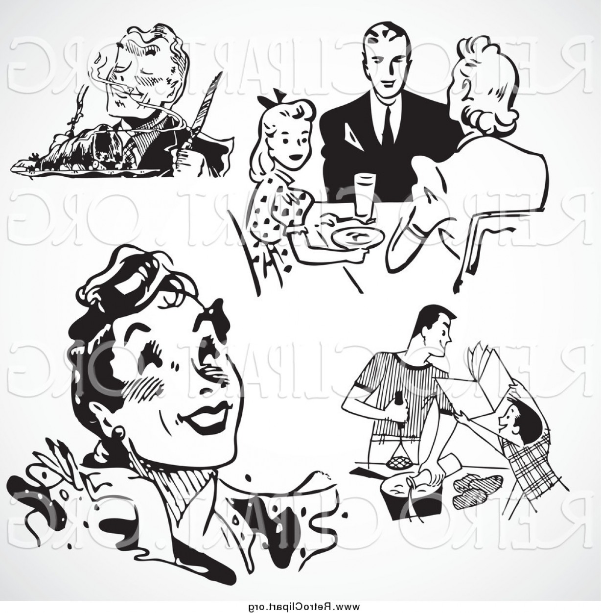 Clipart Of Black And White Retro People And Food By.