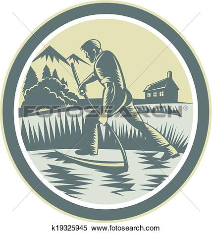 Clipart of Organic Farmer Reaping Uisng Scythe Retro k19325945.