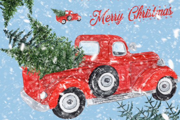 Watercolor Red Christmas Truck Clipart.