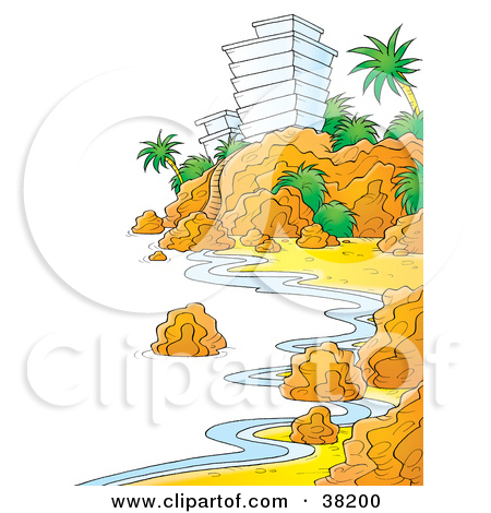 Clipart Illustration of a Shoreline Along A Rocky Coast With A.